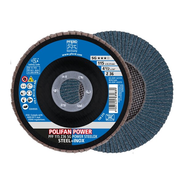 Pferd 4-1/2" x 7/8" A.H. POLIFAN Flap Disc - Z SG POWER STEELOX, Zirconia, 36 Grit, Flat 62173 - main